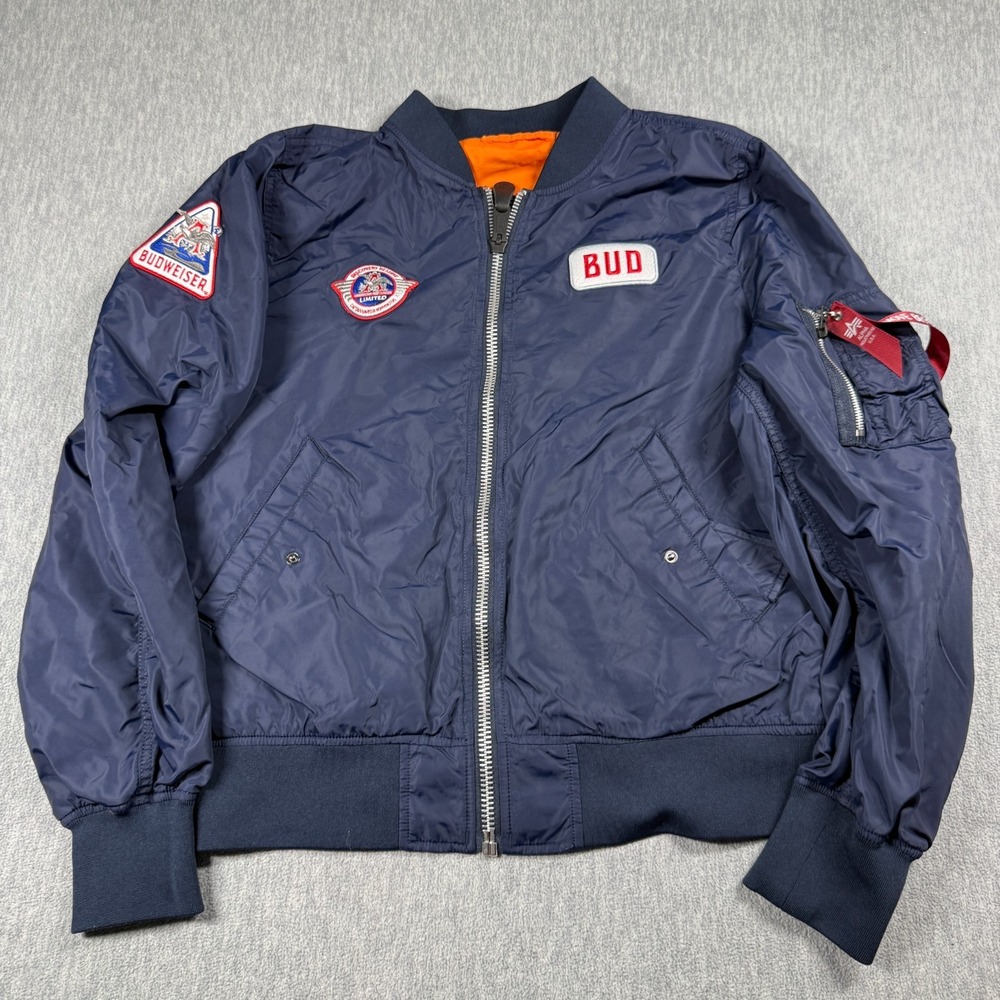 Alpha Industries Jacket Mens L Navy Blue MA-1 Budweiser Flight Bomber Nylon